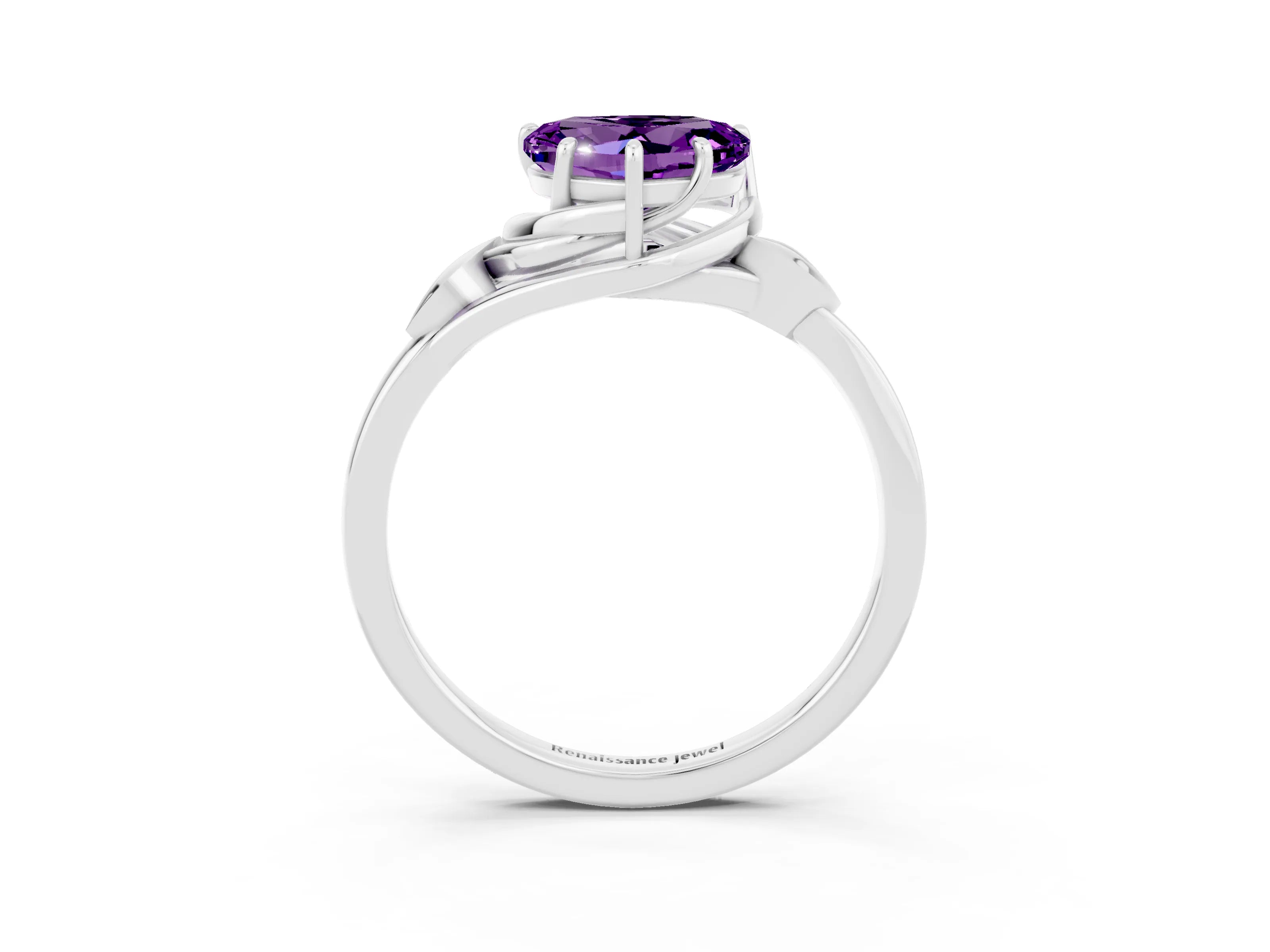 White gold Heart Cut Amethyst Solitaire Ring with Twist Band and Four-Prong Setting_39