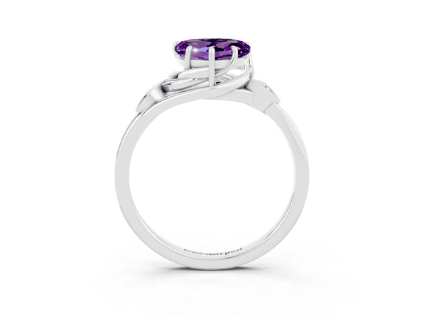 White gold Heart Cut Amethyst Solitaire Ring with Twist Band and Four-Prong Setting