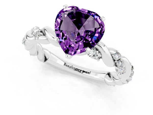 Platinum Heart Cut Amethyst Solitaire Ring with Twisted Band and Pavé Accents