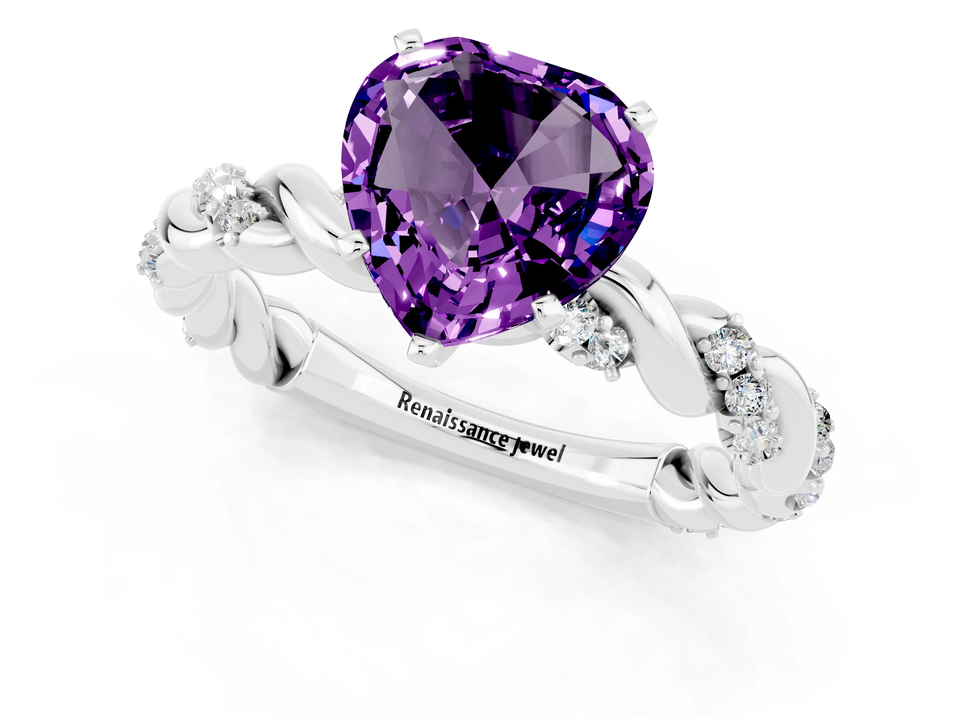 White gold Heart Cut Amethyst Solitaire Ring with Twisted Band and Pavé Accents_1