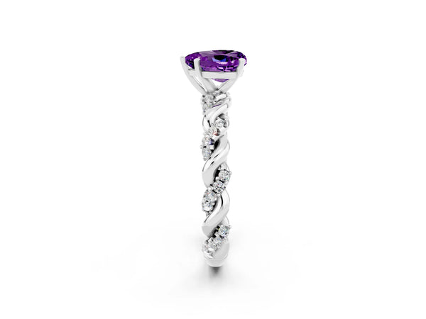 Platinum Heart Cut Amethyst Solitaire Ring with Twisted Band and Pavé Accents