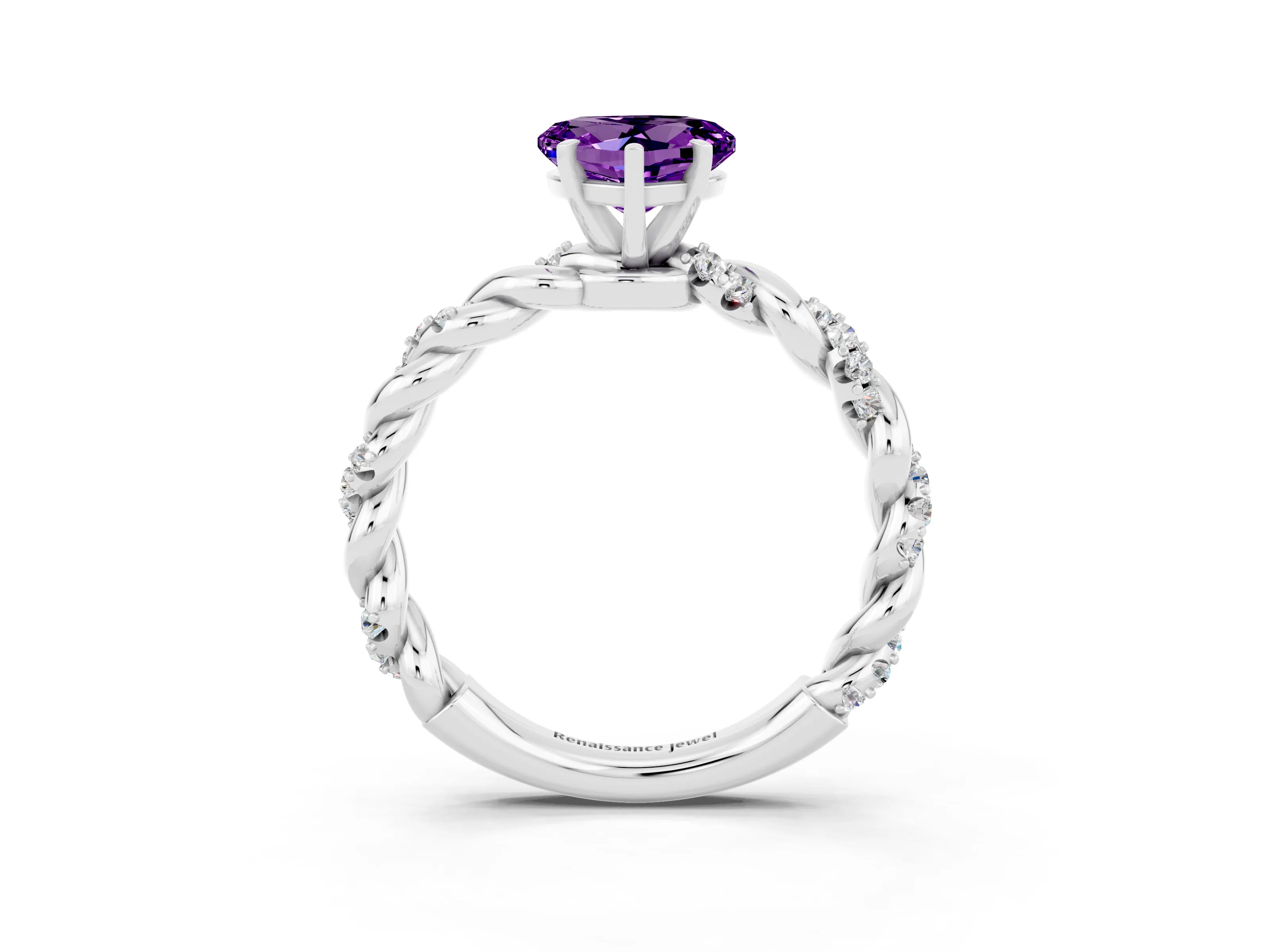 White gold Heart Cut Amethyst Solitaire Ring with Twisted Band and Pavé Accents_3