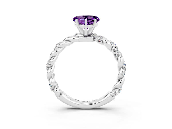 Platinum Heart Cut Amethyst Solitaire Ring with Twisted Band and Pavé Accents