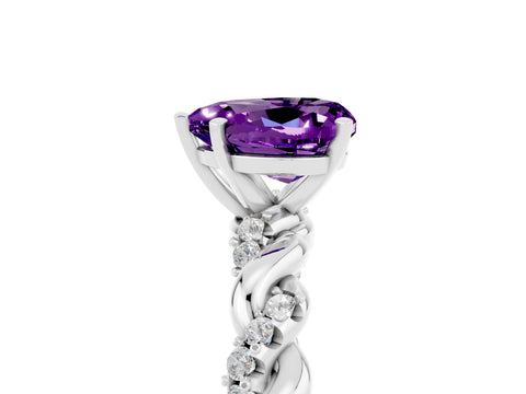 White gold Heart Cut Amethyst Solitaire Ring with Twisted Band and Pavé Accents_5
