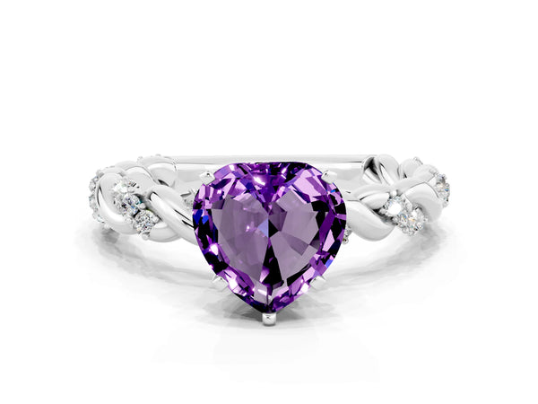 Silver Heart Cut Amethyst Solitaire Ring with Twisted Band and Pavé Accents