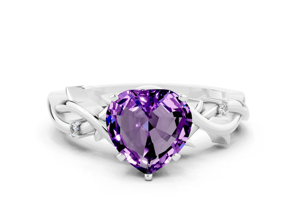 Platinum Heart Cut Amethyst Solitaire Ring with Twisted Band and Prong Setting