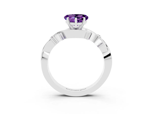 White gold Heart Cut Amethyst Solitaire Ring with Twisted Band and Prong Setting