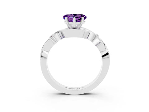 White gold Heart Cut Amethyst Solitaire Ring with Twisted Band and Prong Setting_15