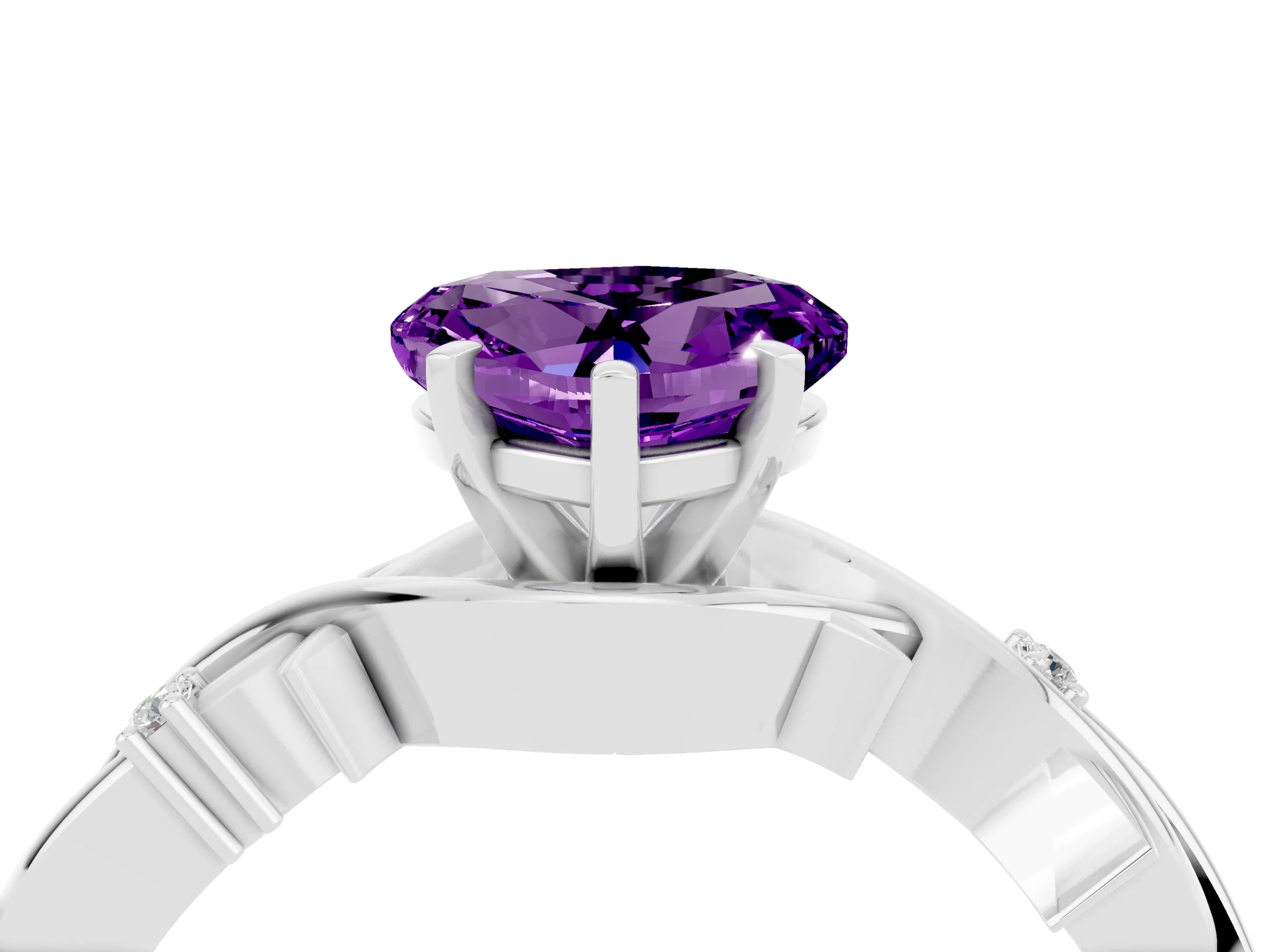 White gold Heart Cut Amethyst Solitaire Ring with Twisted Band and Prong Setting_16