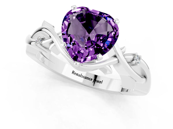 Silver Heart Cut Amethyst Solitaire Ring with Twisted Band and Prong Setting