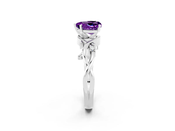Silver Heart Cut Amethyst Solitaire Ring with Twisted Band and Prong Setting