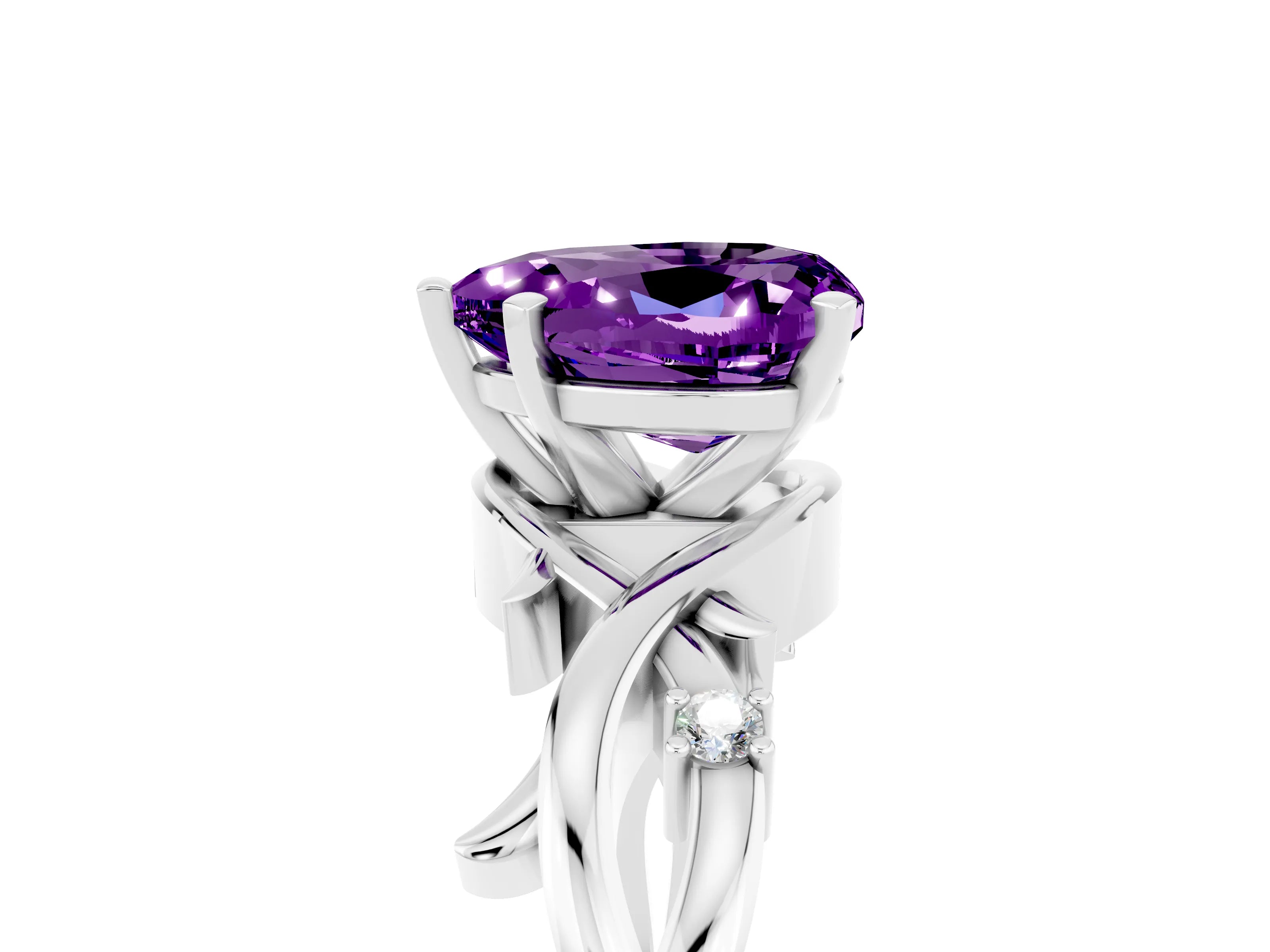 White gold Heart Cut Amethyst Solitaire Ring with Twisted Band and Prong Setting_5