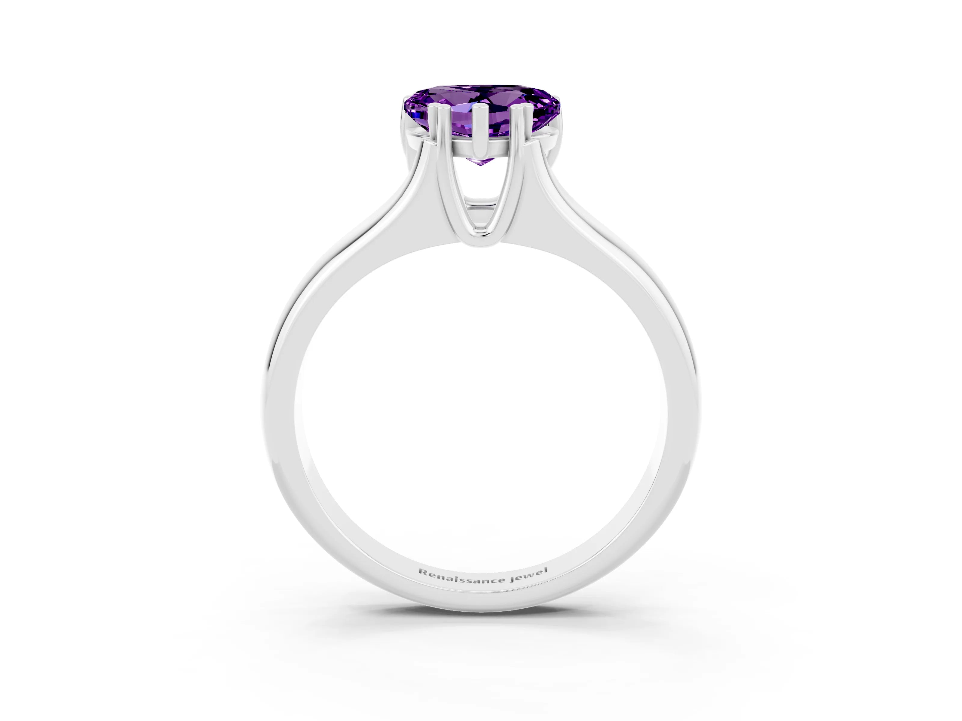 White gold Heart Cut Amethyst Solitaire Ring with Wide Band and Prong Setting_3