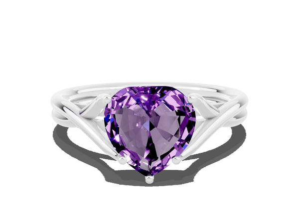 White gold Heart Cut Amethyst Solitaire Twist Band Prong Setting Ring