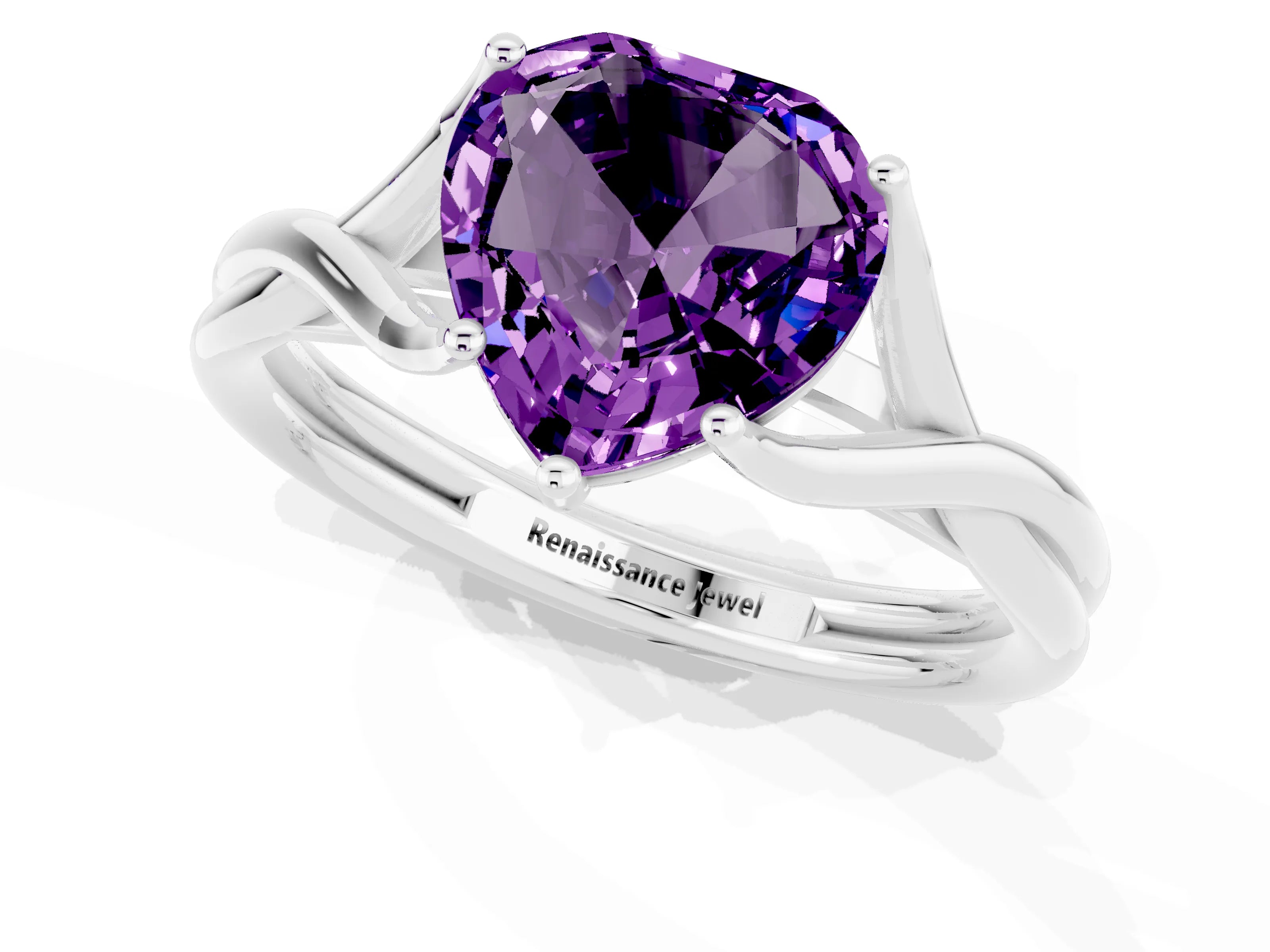 White gold Heart Cut Amethyst Solitaire Twist Band Prong Setting Ring_37