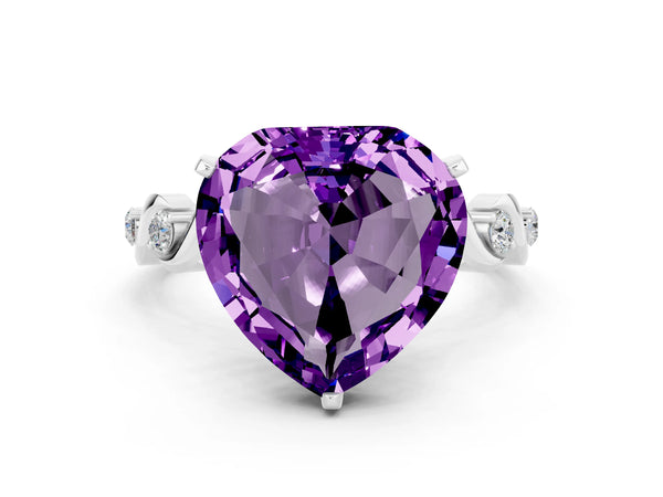 Silver Heart Cut Amethyst Solitaire Twisted Band with Round  Accents and Prong Setting