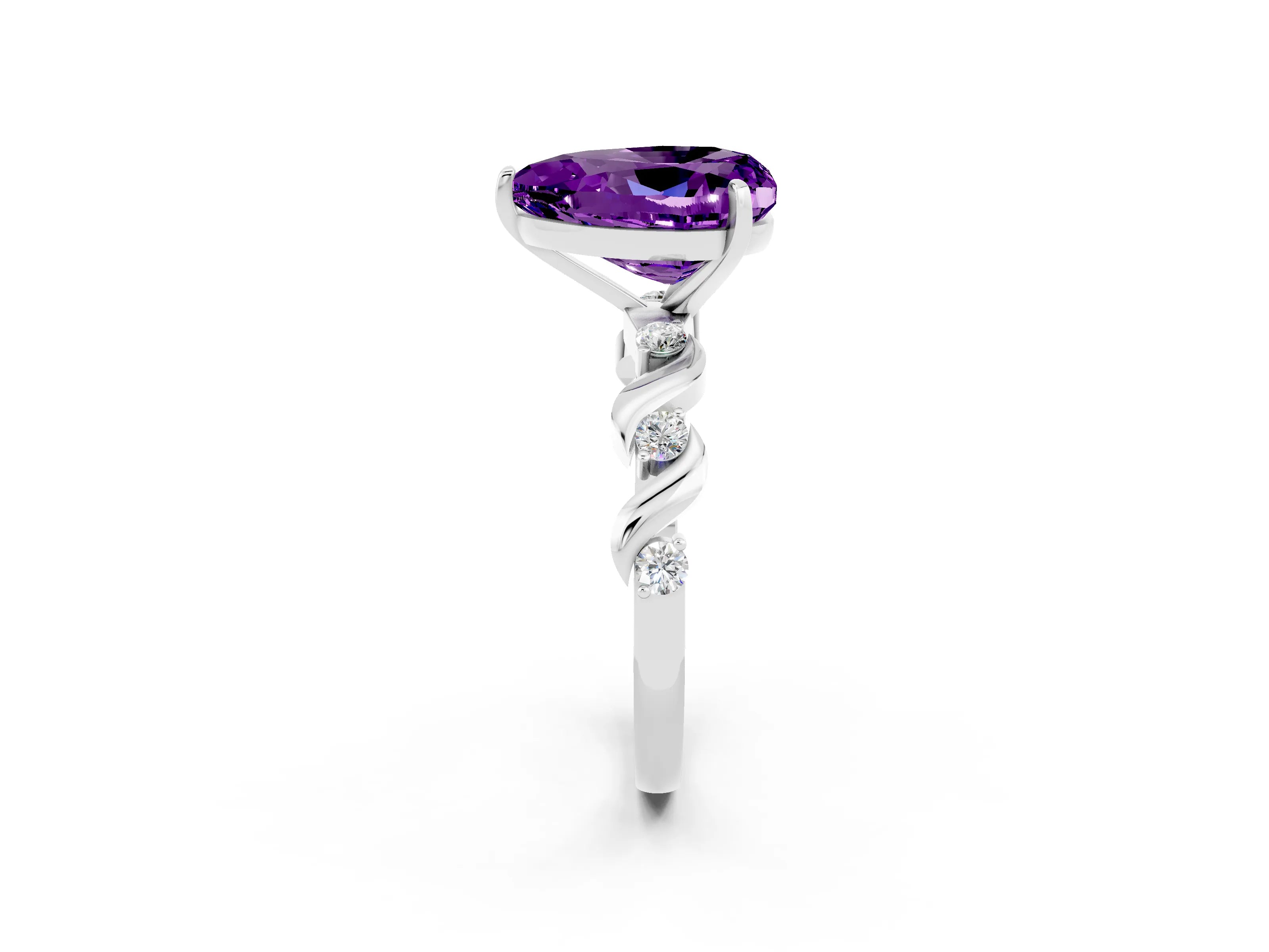 White gold Heart Cut Amethyst Solitaire Twisted Band with Round  Accents and Prong Setting_14