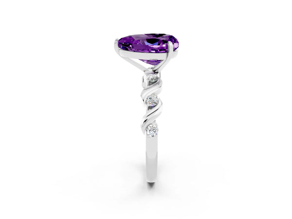Silver Heart Cut Amethyst Solitaire Twisted Band with Round  Accents and Prong Setting