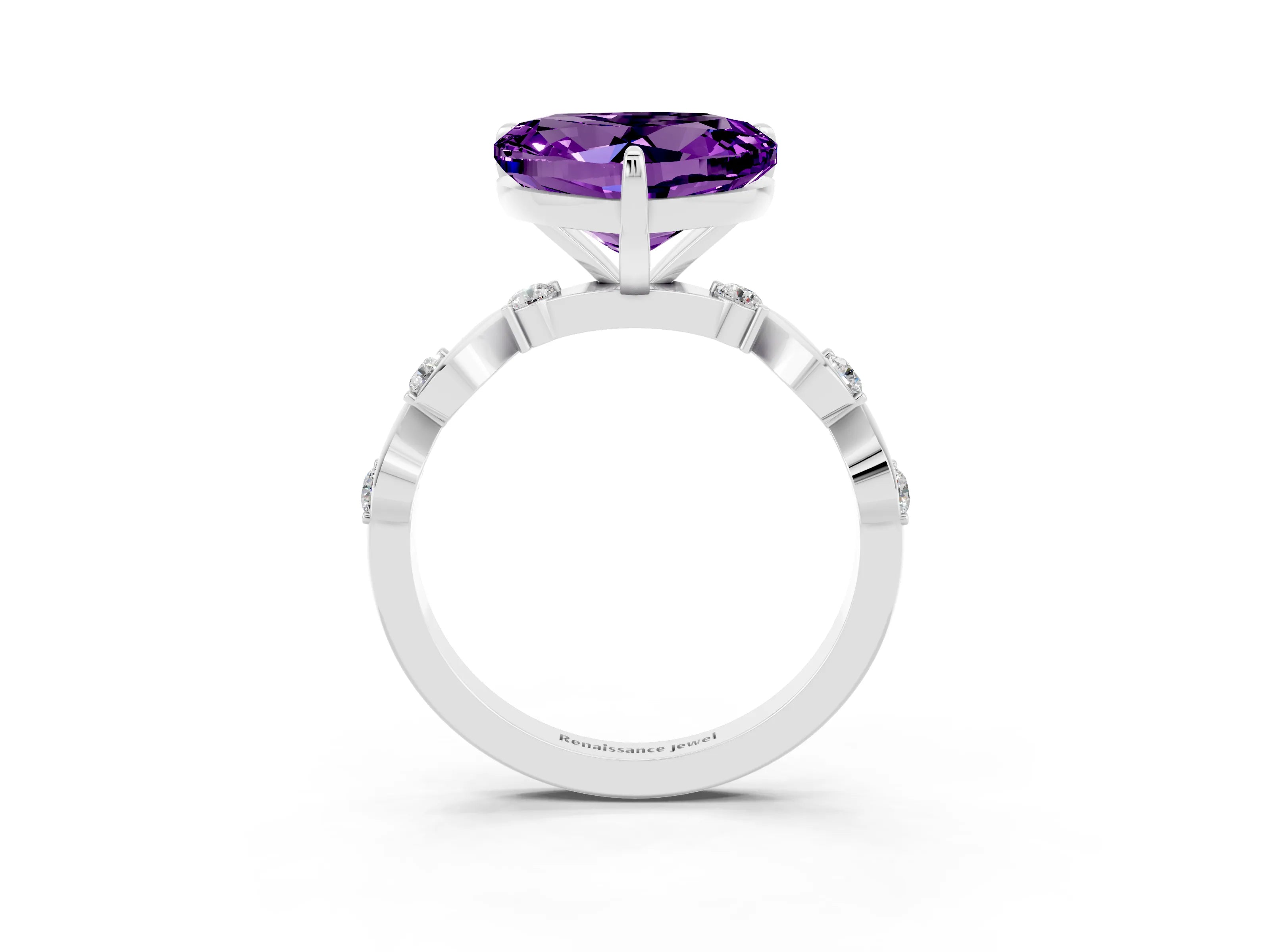 White gold Heart Cut Amethyst Solitaire Twisted Band with Round  Accents and Prong Setting_15
