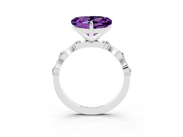 Silver Heart Cut Amethyst Solitaire Twisted Band with Round  Accents and Prong Setting