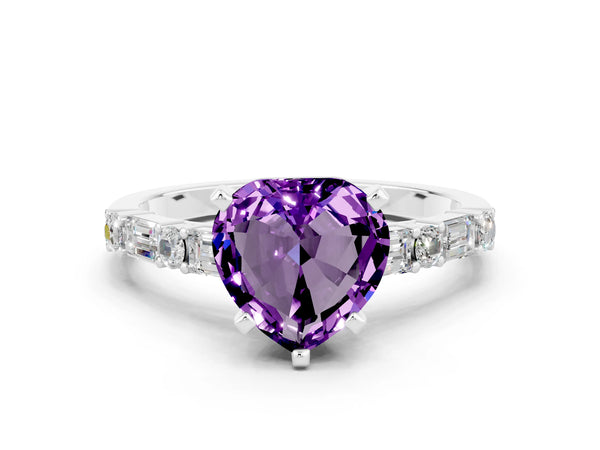 Platinum Heart Cut Amethyst Solitaire with Side Baguettes and Channel Set Band