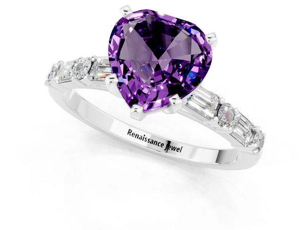 Platinum Heart Cut Amethyst Solitaire with Side Baguettes and Channel Set Band