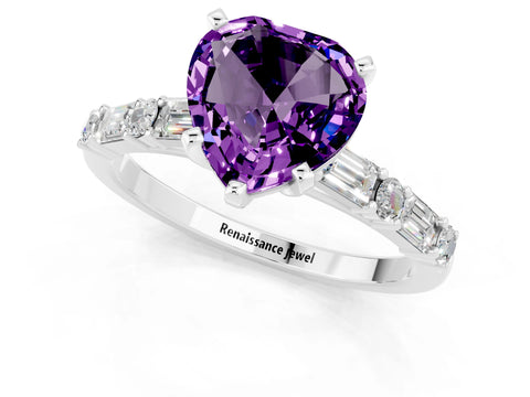 White gold Heart Cut Amethyst Solitaire with Side Baguettes and Channel Set Band_1