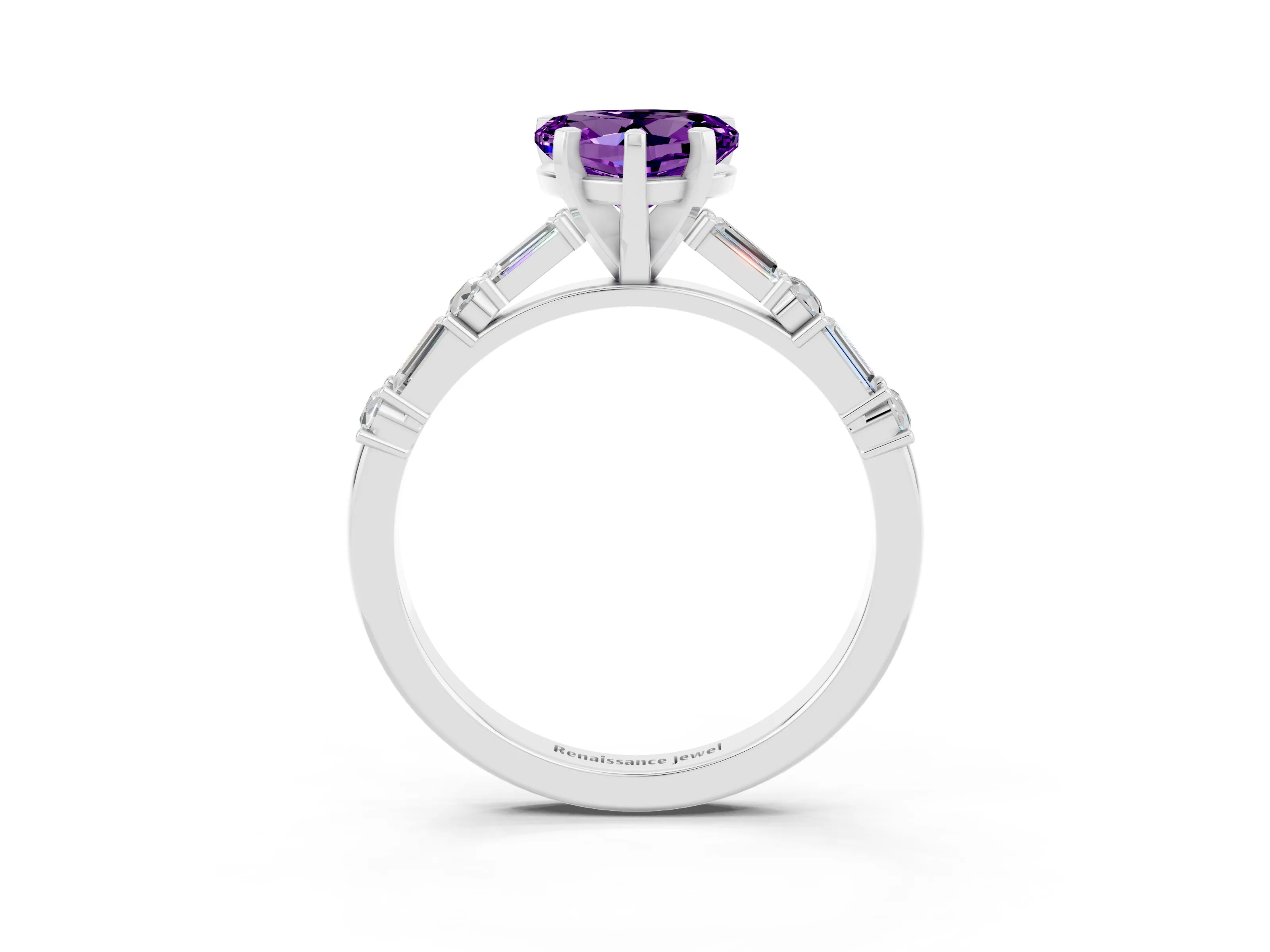 White gold Heart Cut Amethyst Solitaire with Side Baguettes and Channel Set Band_3