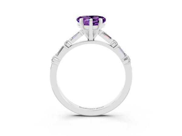 Silver Heart Cut Amethyst Solitaire with Side Baguettes and Channel Set Band