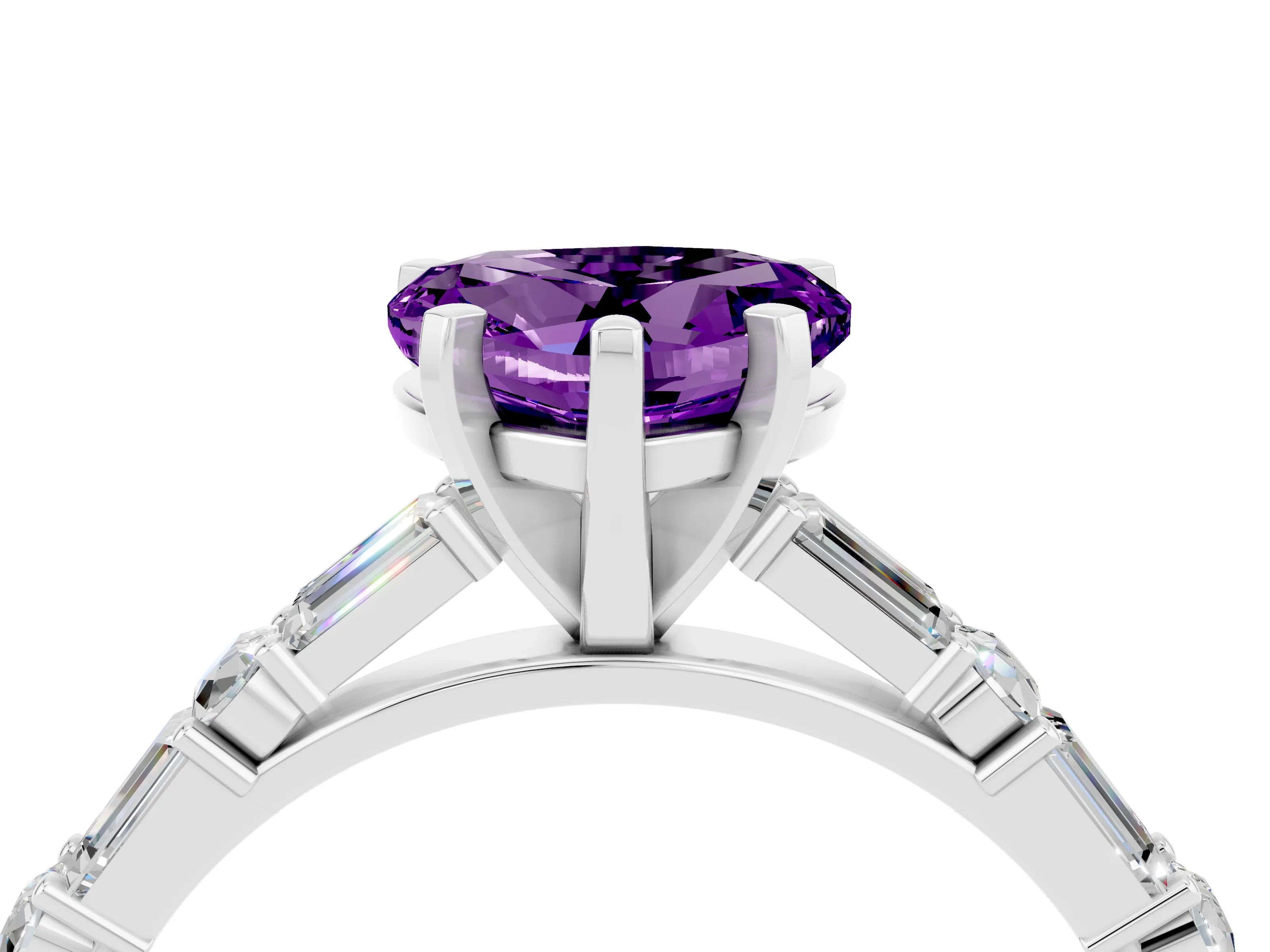 White gold Heart Cut Amethyst Solitaire with Side Baguettes and Channel Set Band_4