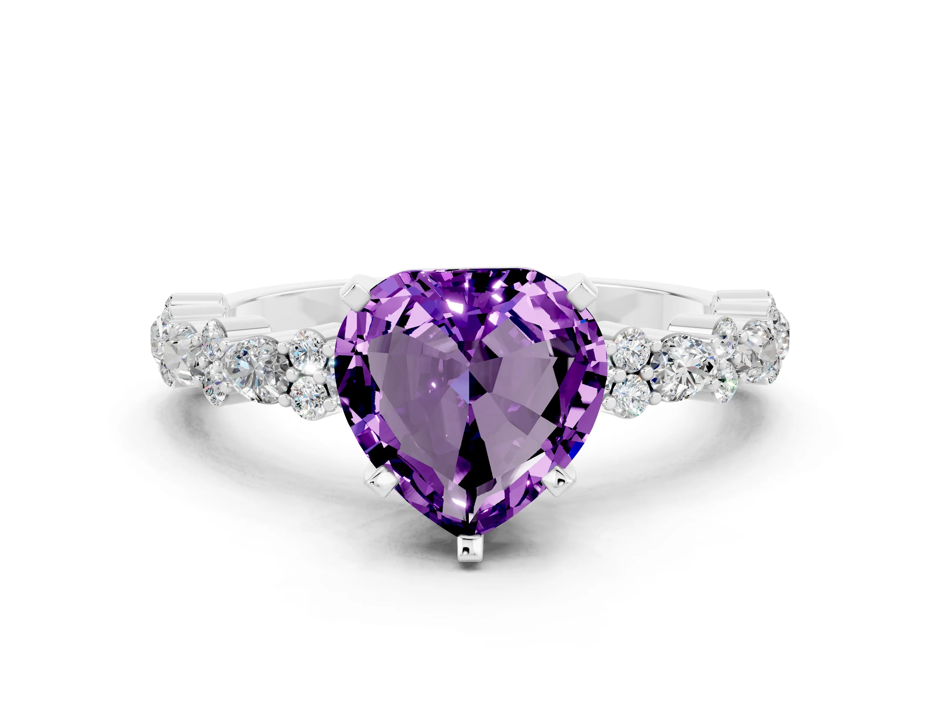 White gold Heart Cut Amethyst Solitaire with Side Stones, Pave Band, Four-Prong Setting_36