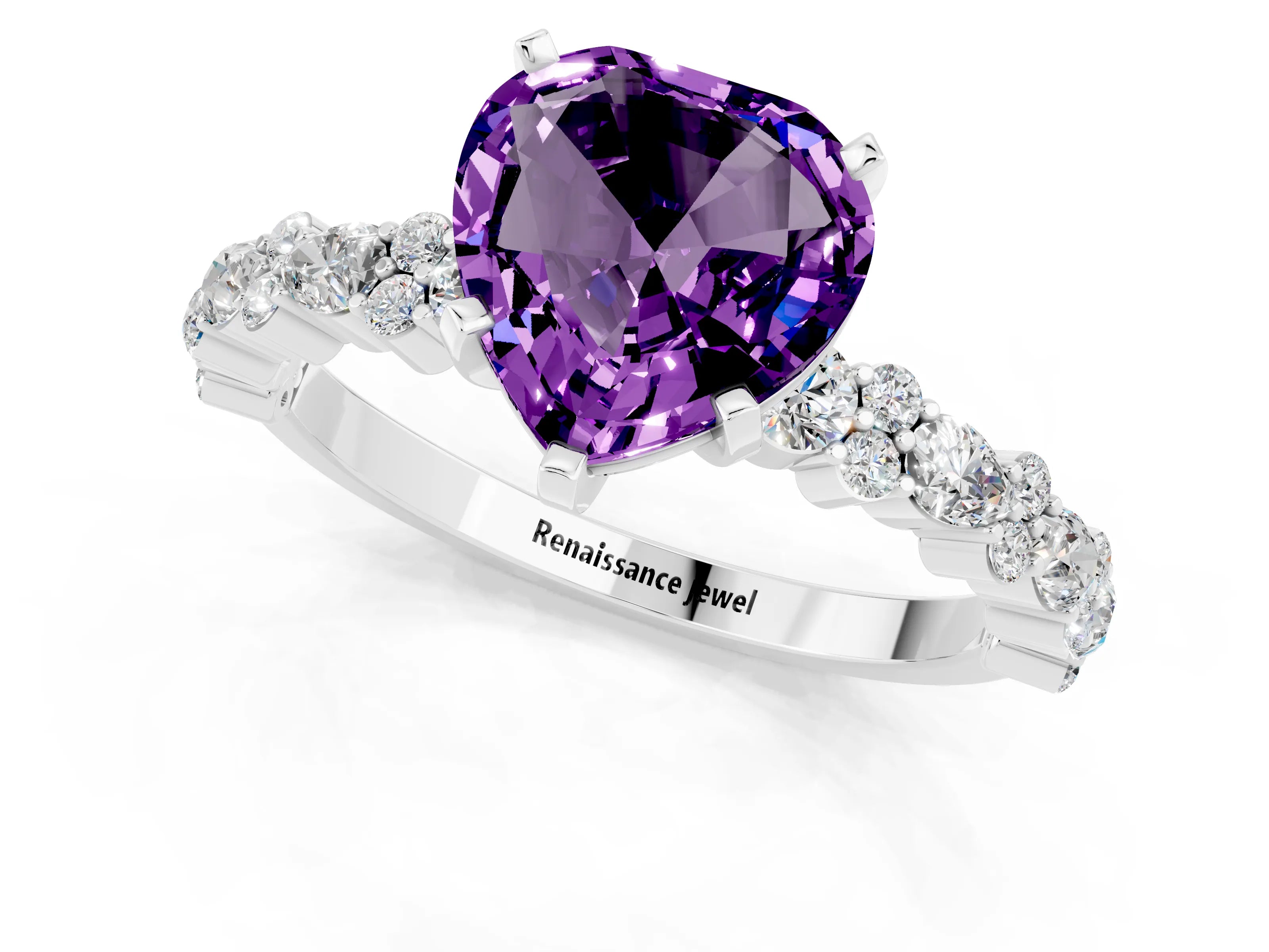 White gold Heart Cut Amethyst Solitaire with Side Stones, Pave Band, Four-Prong Setting_37