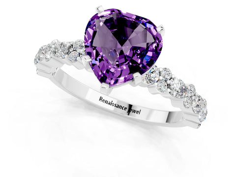 White gold Heart Cut Amethyst Solitaire with Side Stones, Pave Band, Four-Prong Setting_37