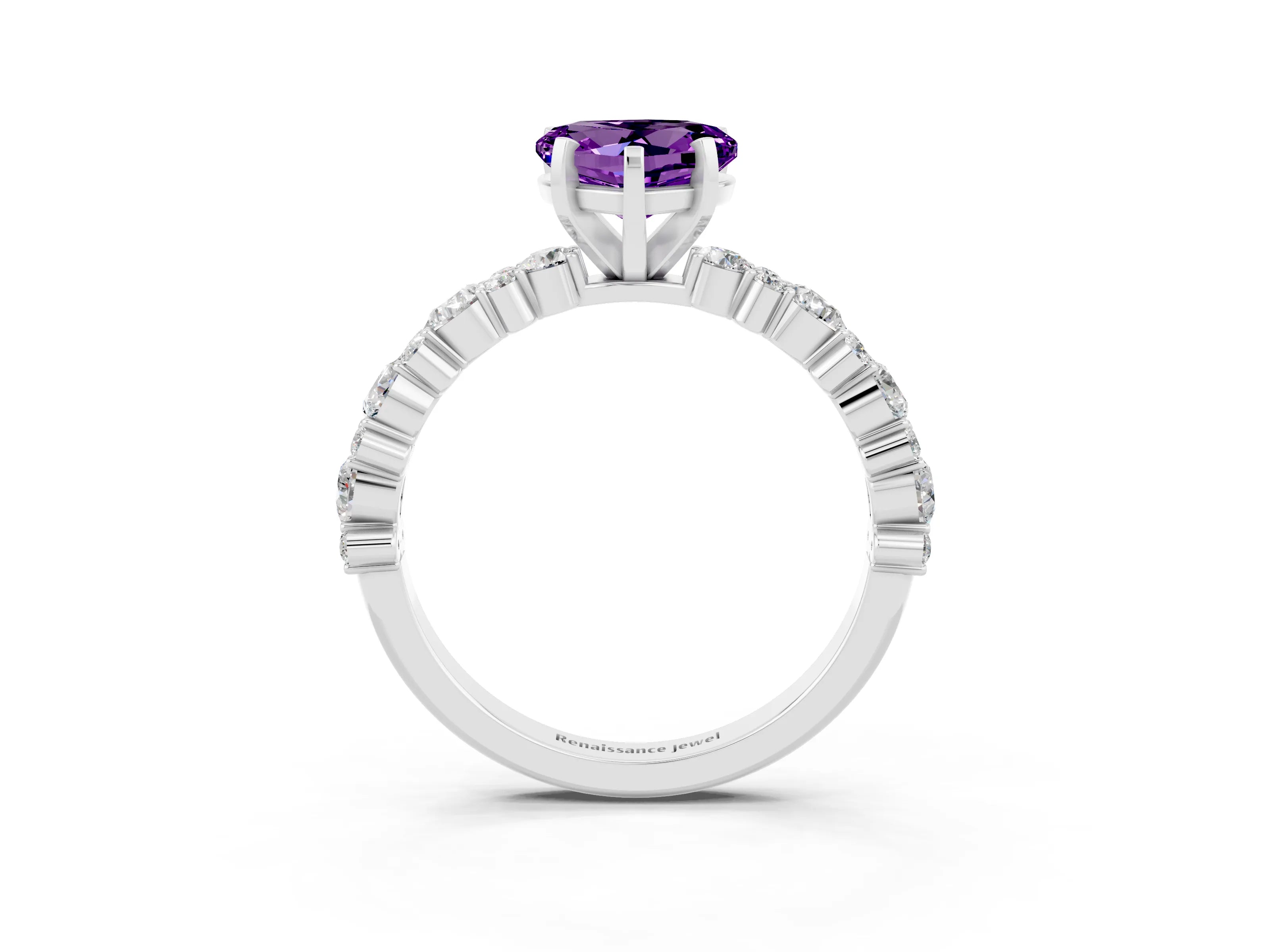 White gold Heart Cut Amethyst Solitaire with Side Stones, Pave Band, Four-Prong Setting_39