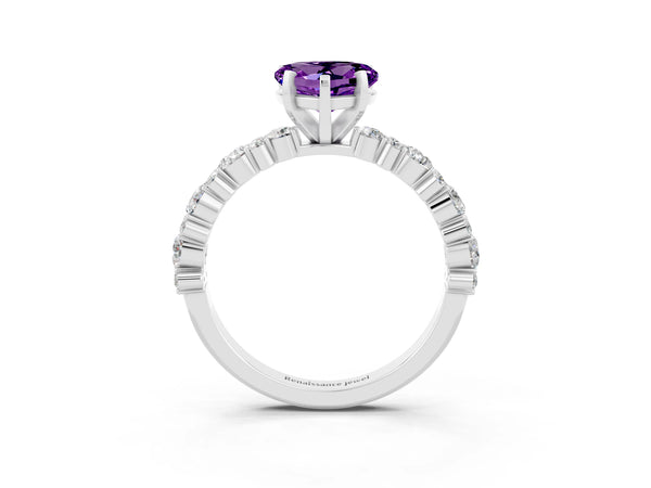 Platinum Heart Cut Amethyst Side Stone Solitaire Ring with Round  and Four-Prong Setting