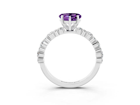 White gold Heart Cut Amethyst Solitaire with Side Stones, Pave Band, Four-Prong Setting_39