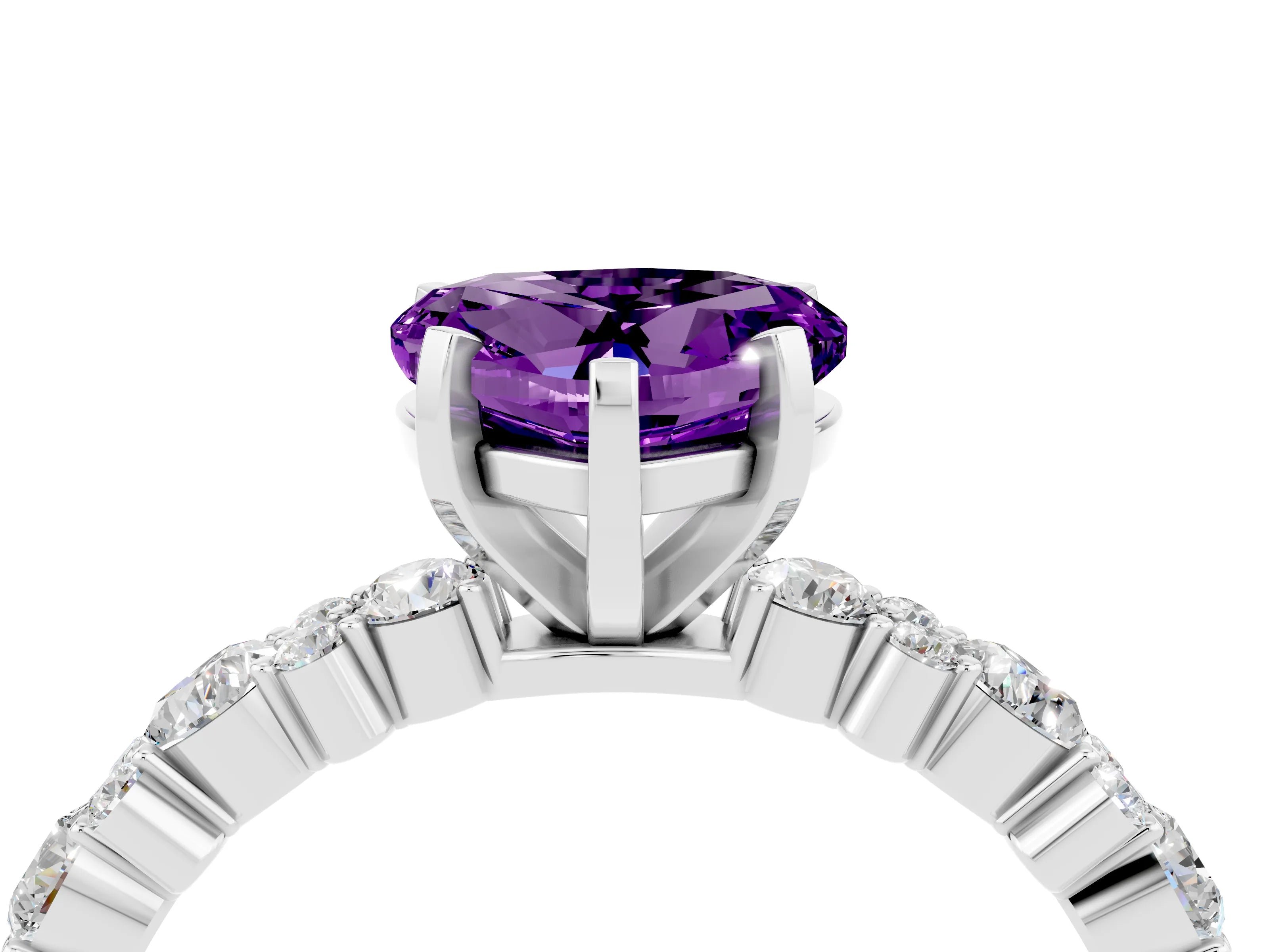 White gold Heart Cut Amethyst Solitaire with Side Stones, Pave Band, Four-Prong Setting_40