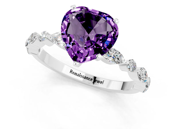 Platinum Heart Cut Amethyst Ring with Marquise and Round  Side Stones and Four-Prong Setting
