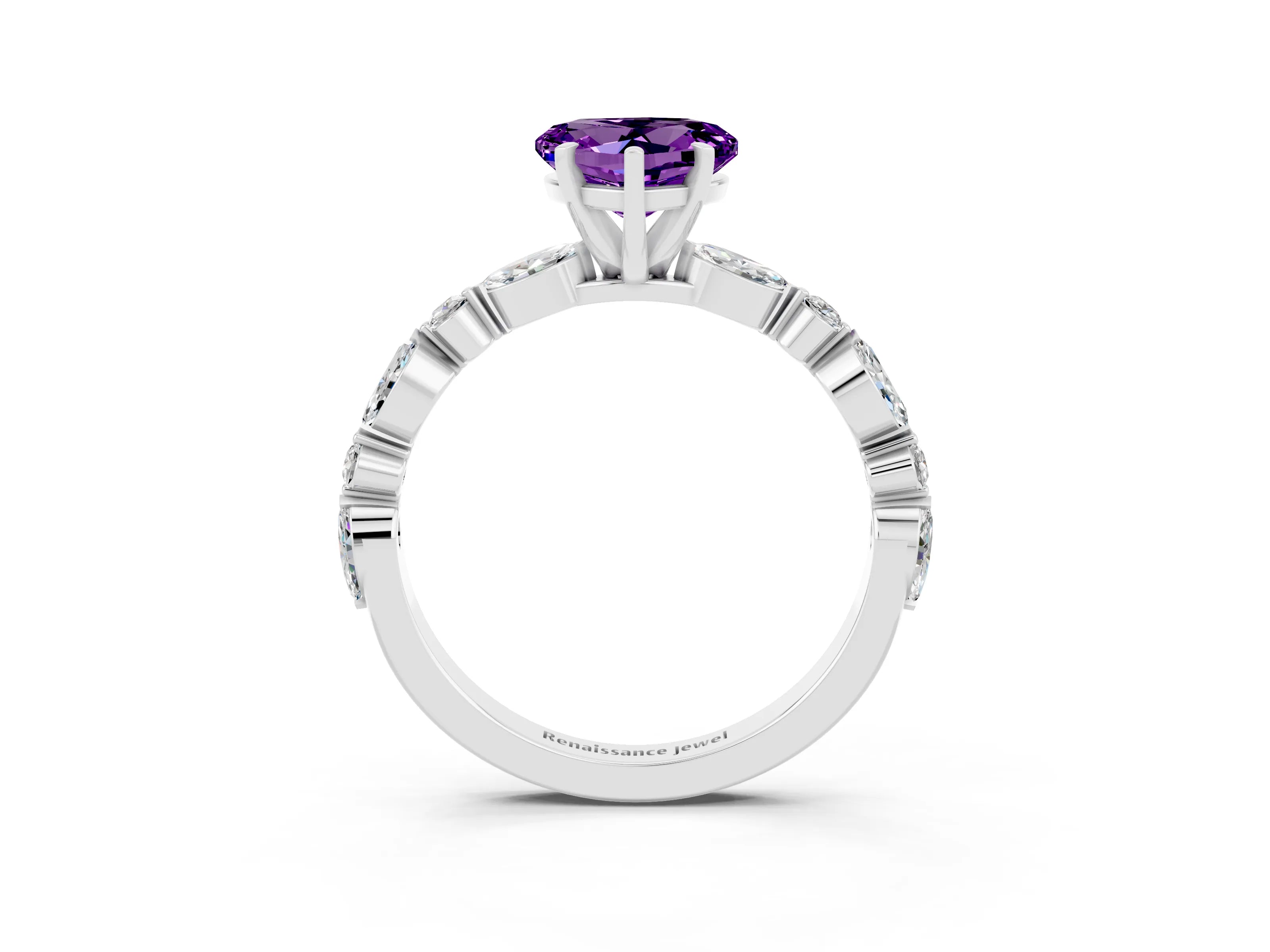 White gold Heart Cut Amethyst Solitaire with Side Stones on a Pavé Band and Four-Prong Setting_3