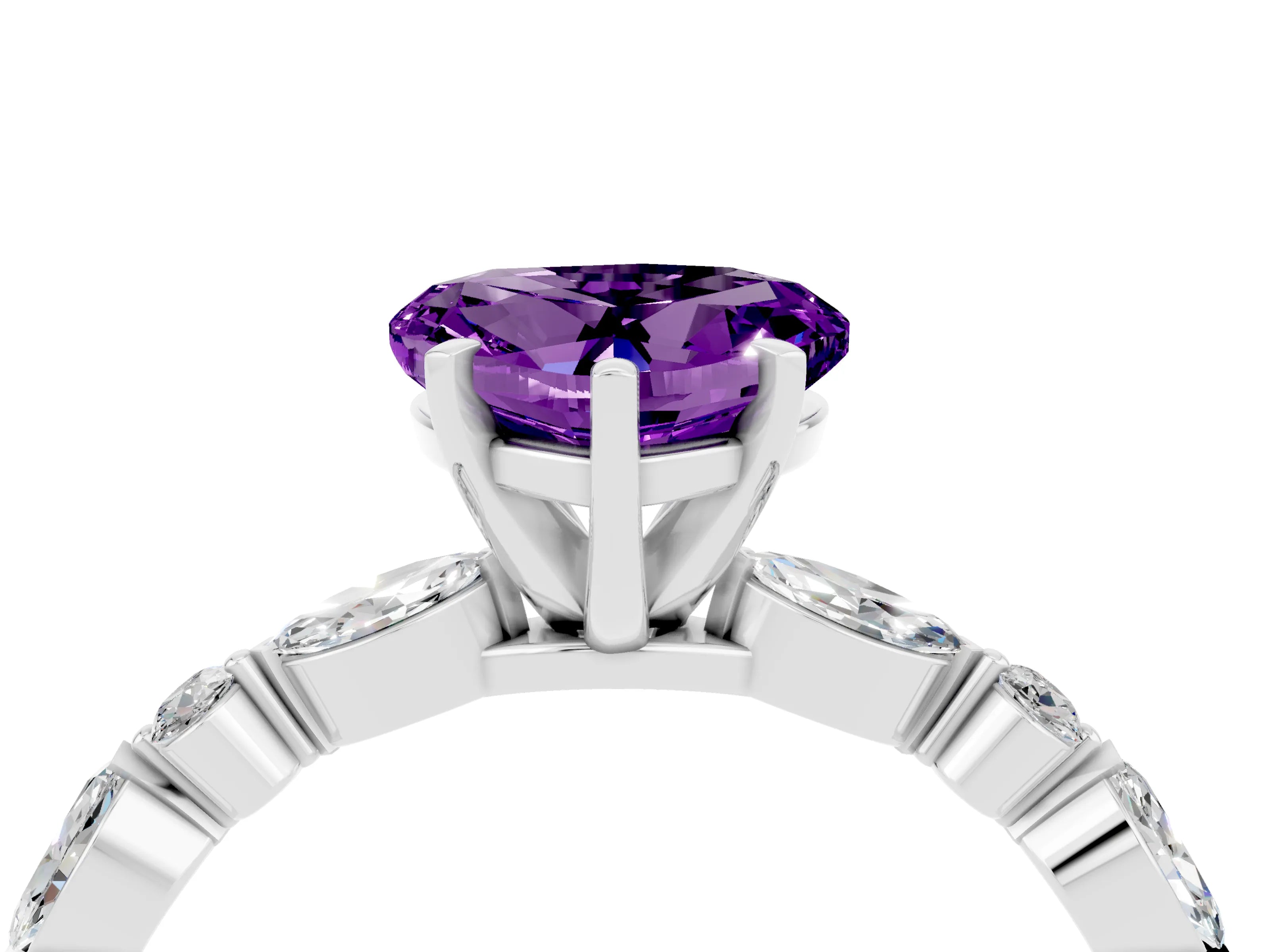 White gold Heart Cut Amethyst Solitaire with Side Stones on a Pavé Band and Four-Prong Setting_4