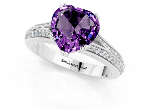 White gold Heart Cut Amethyst Split Shank Engagement Ring with Pavé Band_1