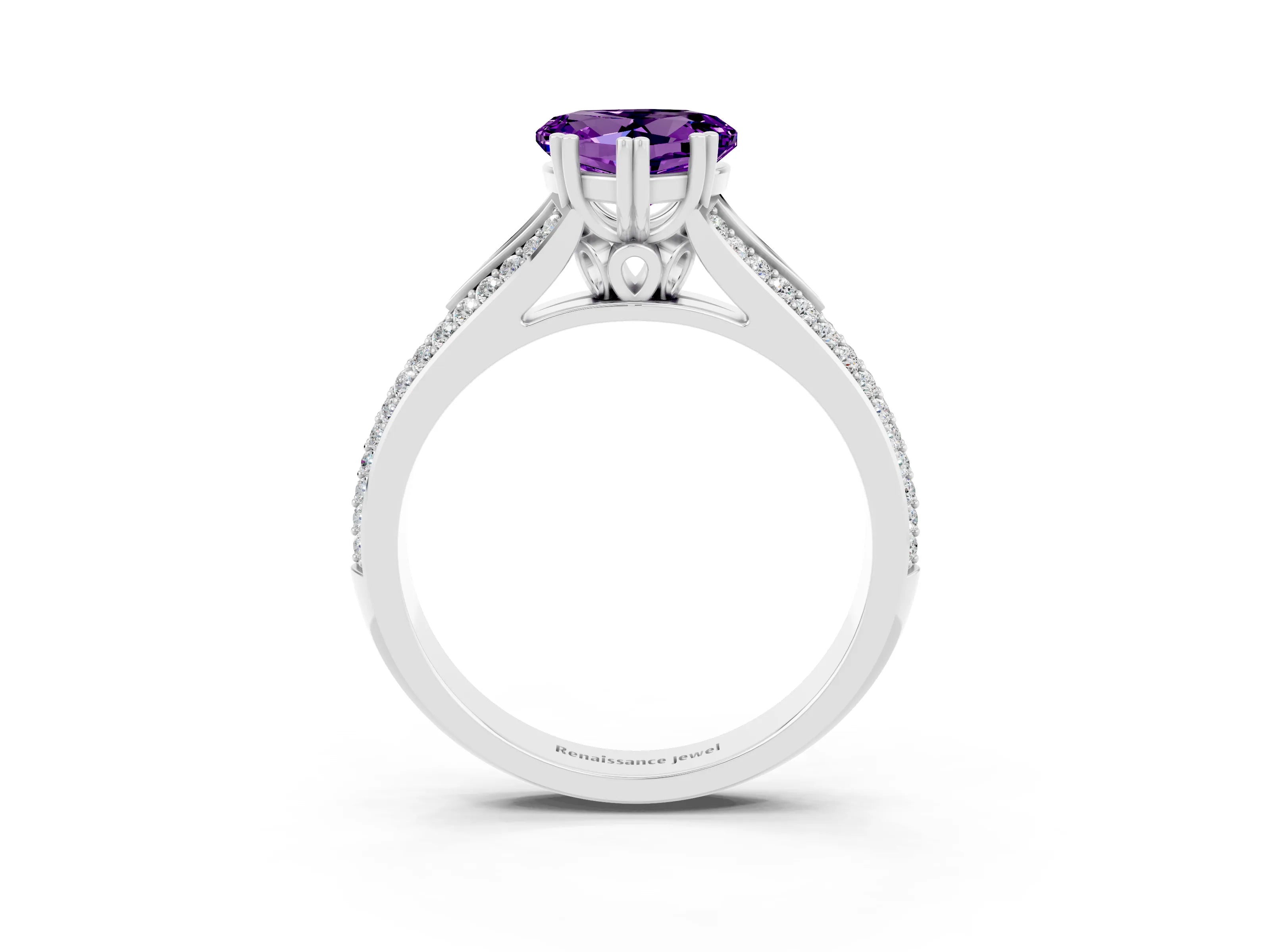 White gold Heart Cut Amethyst Split Shank Engagement Ring with Pavé Band_3