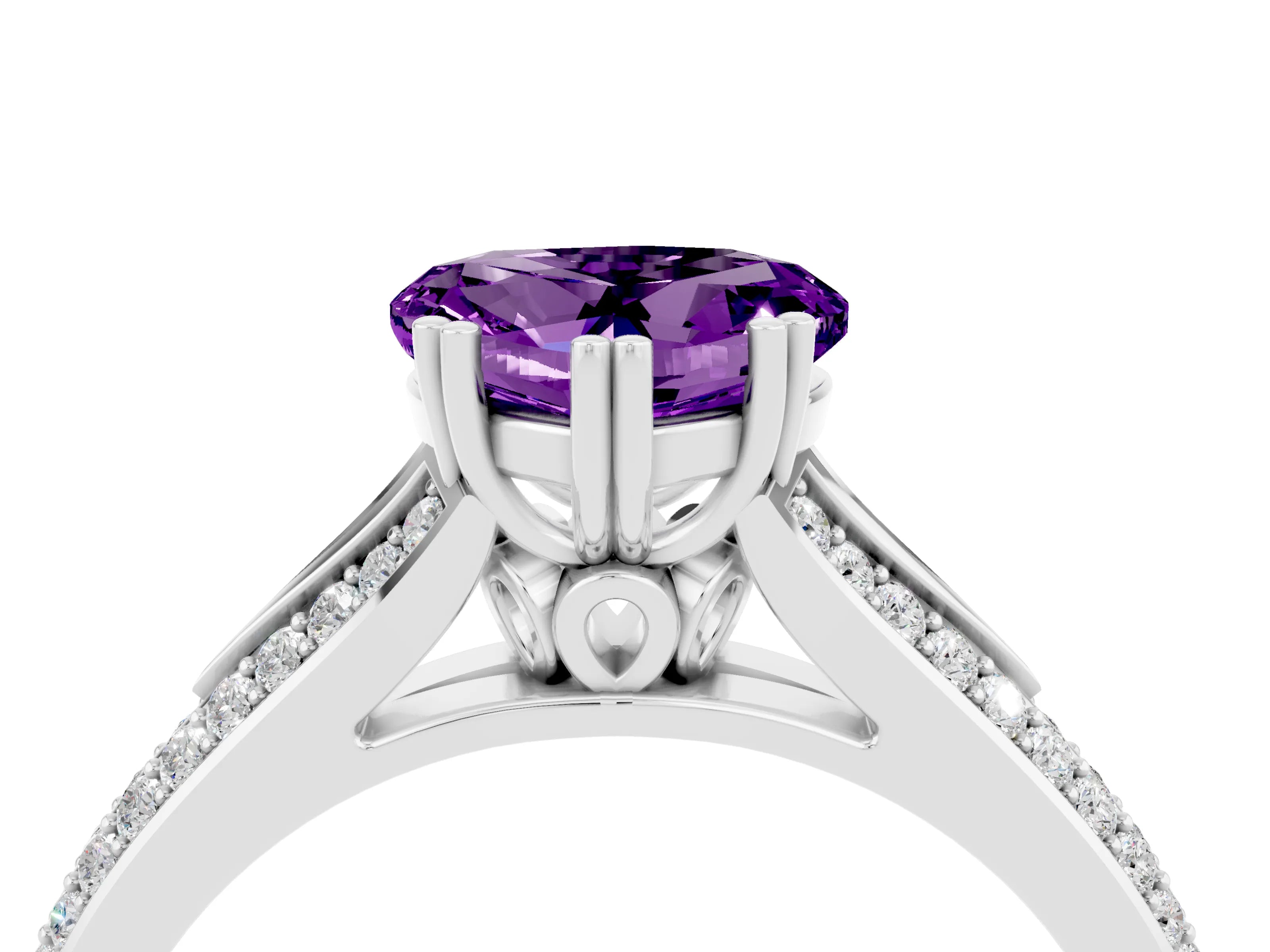 White gold Heart Cut Amethyst Split Shank Engagement Ring with Pavé Band_4