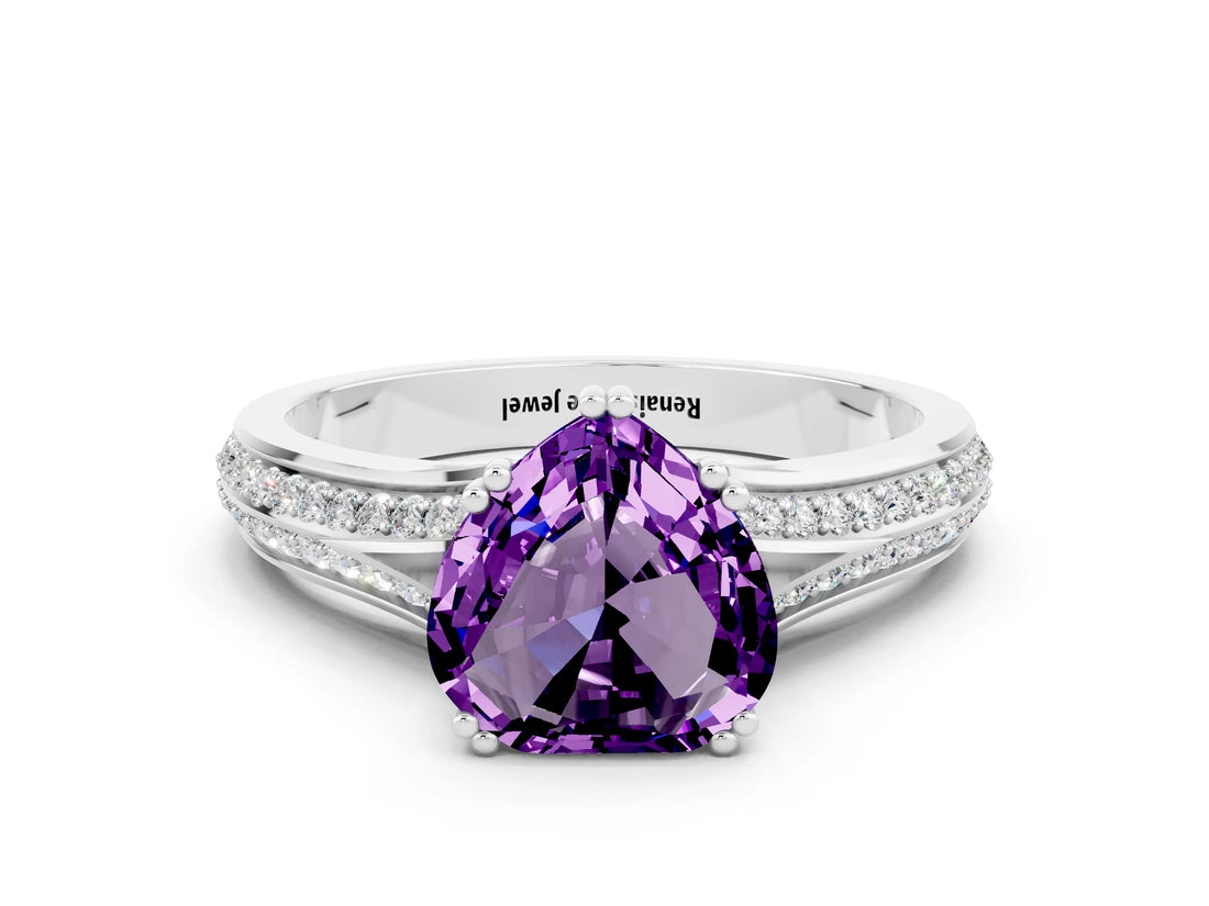 White gold Heart Cut Amethyst Split Shank Engagement Ring with Pavé Band