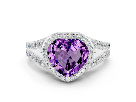 White gold Heart Cut Amethyst Split Shank Halo Ring with Four-Prong Setting_58