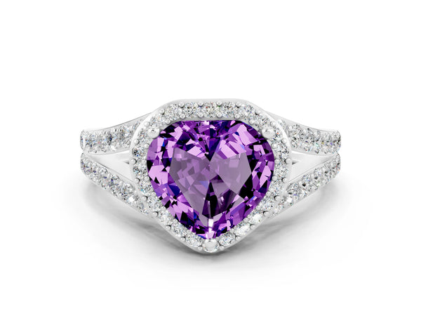 Platinum Heart Cut Amethyst Split Shank Halo Ring with Four-Prong Setting