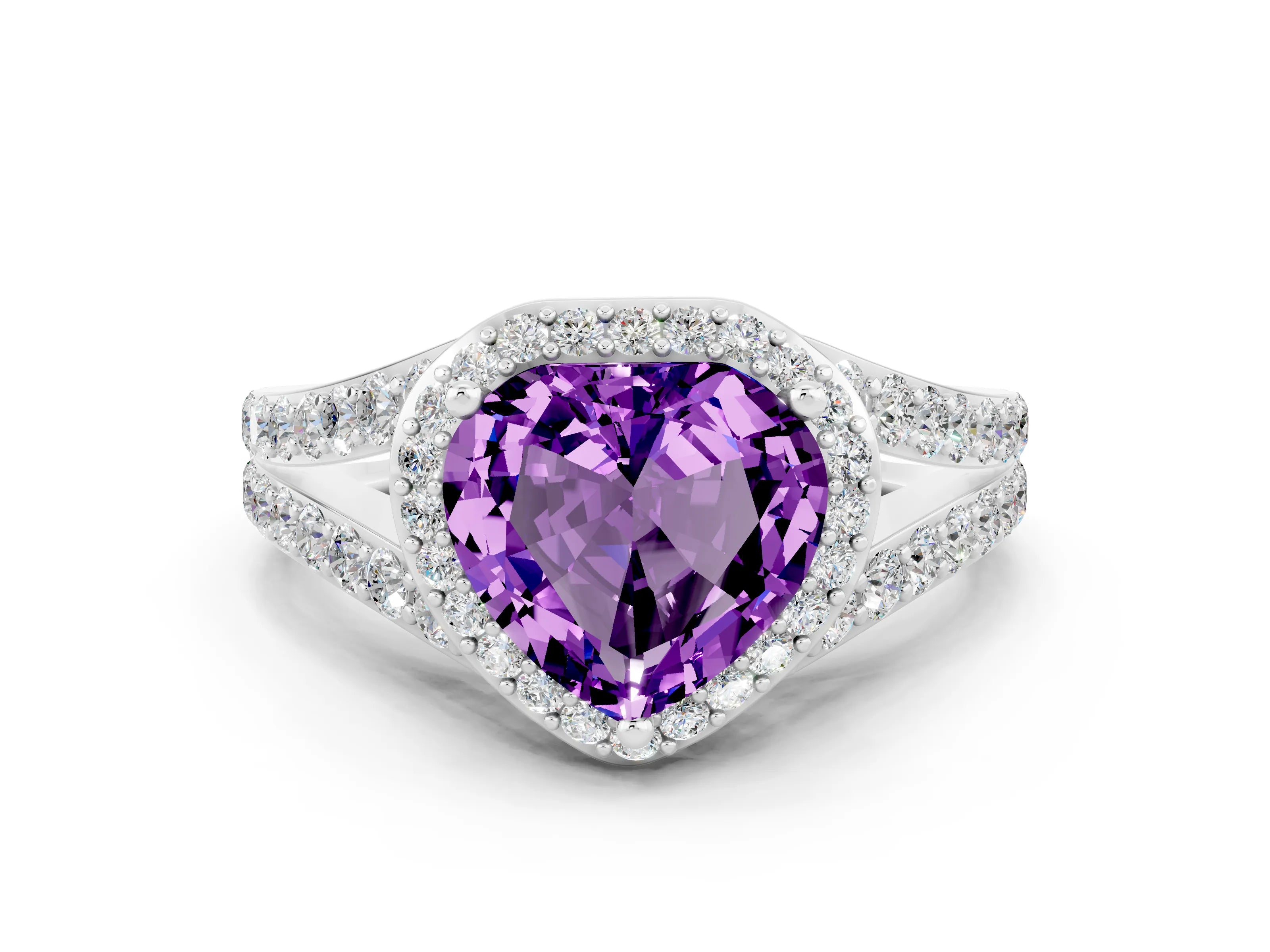 White gold Heart Cut Amethyst Split Shank Halo Ring with Four-Prong Setting_60