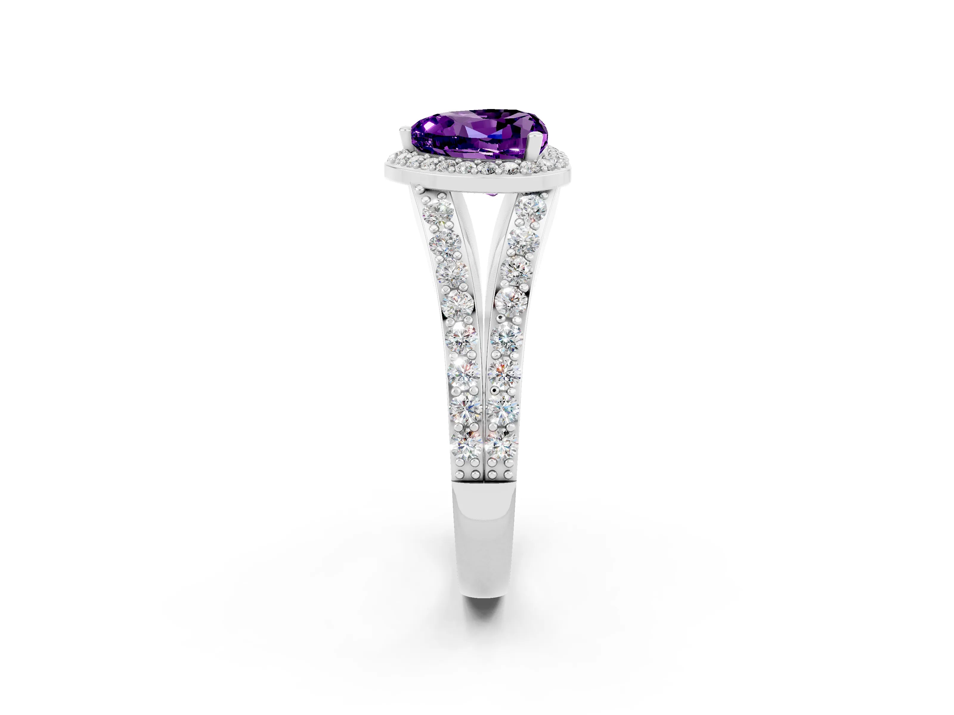 White gold Heart Cut Amethyst Split Shank Halo Ring with Four-Prong Setting_60