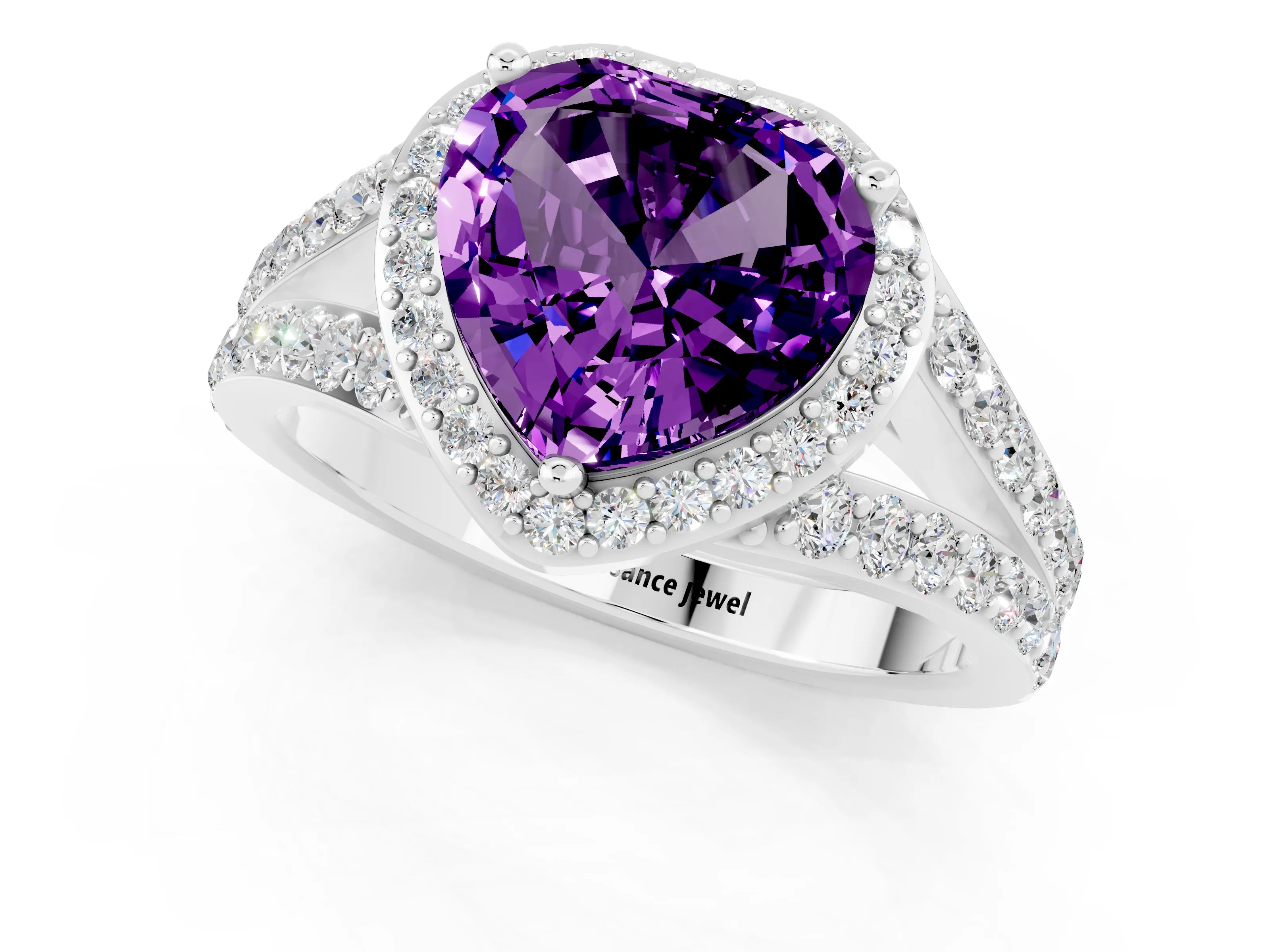 White gold Heart Cut Amethyst Split Shank Halo Ring with Four-Prong Setting_61