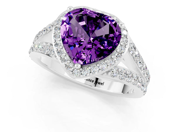 White gold Heart Cut Amethyst Split Shank Halo Ring with Four-Prong Setting